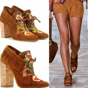 Tory Burch Huntington Cognac suede leather embroidered fringe heel booties